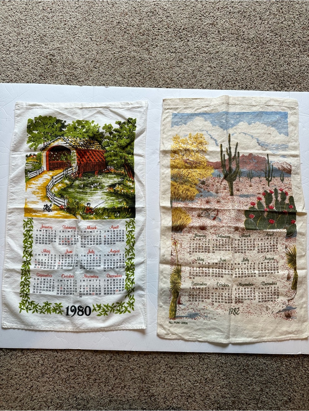 Vintage Lot Of 2 Hanging 1980’s Calendar Tea Towels 1980 & 1982 Bridge Desert